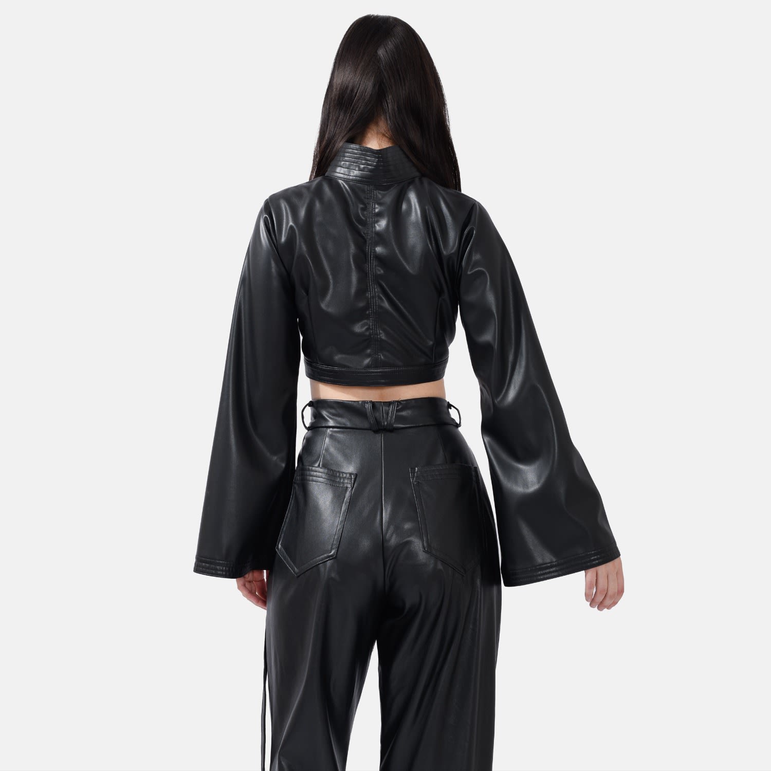 Black Vegan Leather Cropped Jacket Lan03 - Image 2