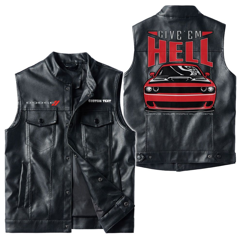 Custom Name Dodge Hell-1 Leather Vest - Personalized Logo Car Motorcycle Model