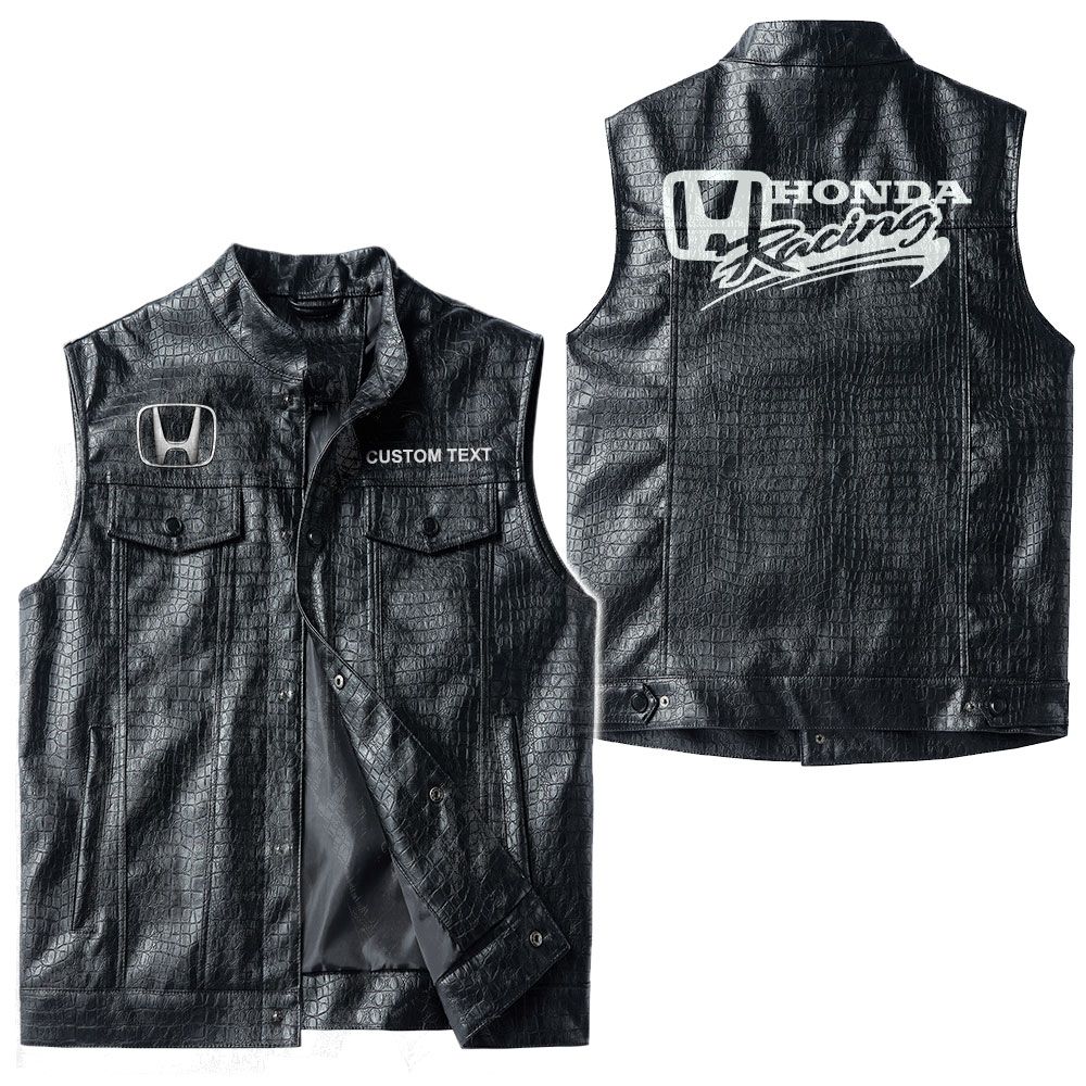 Custom Name Honda Racing Leather Vest - Personalized Logo Car Motorcycle Model - Image 3