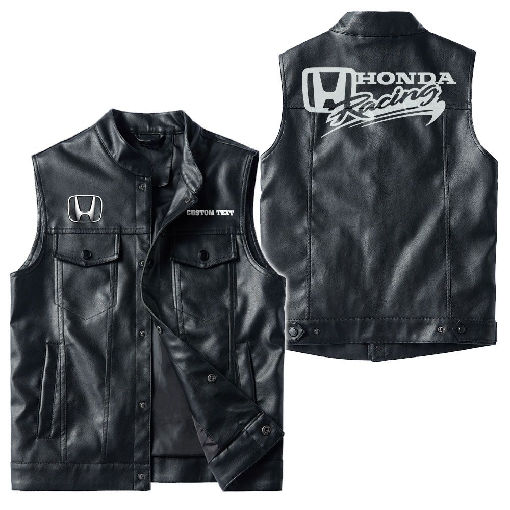 Custom Name Honda Racing Leather Vest - Personalized Logo Car Motorcycle Model