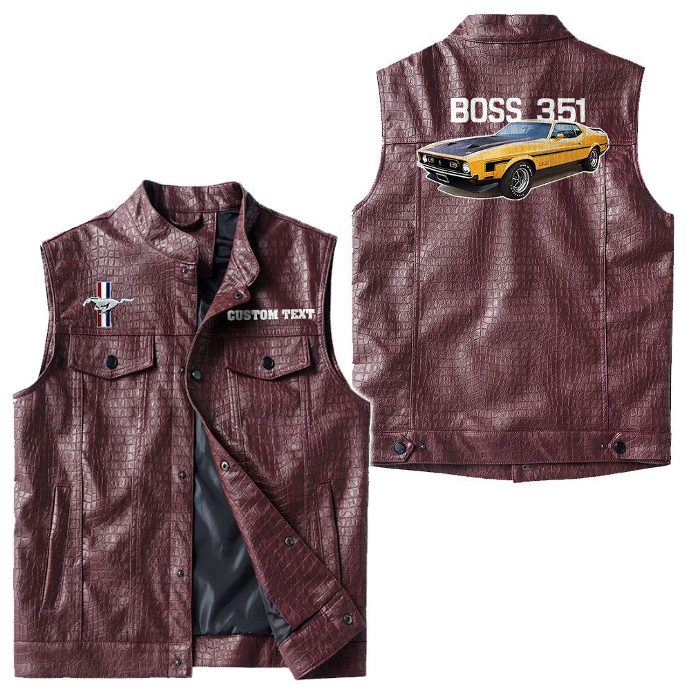 Custom Name Mustang Boss 351 Leather Vest - Personalized Logo Car Motorcycle Model - Image 4