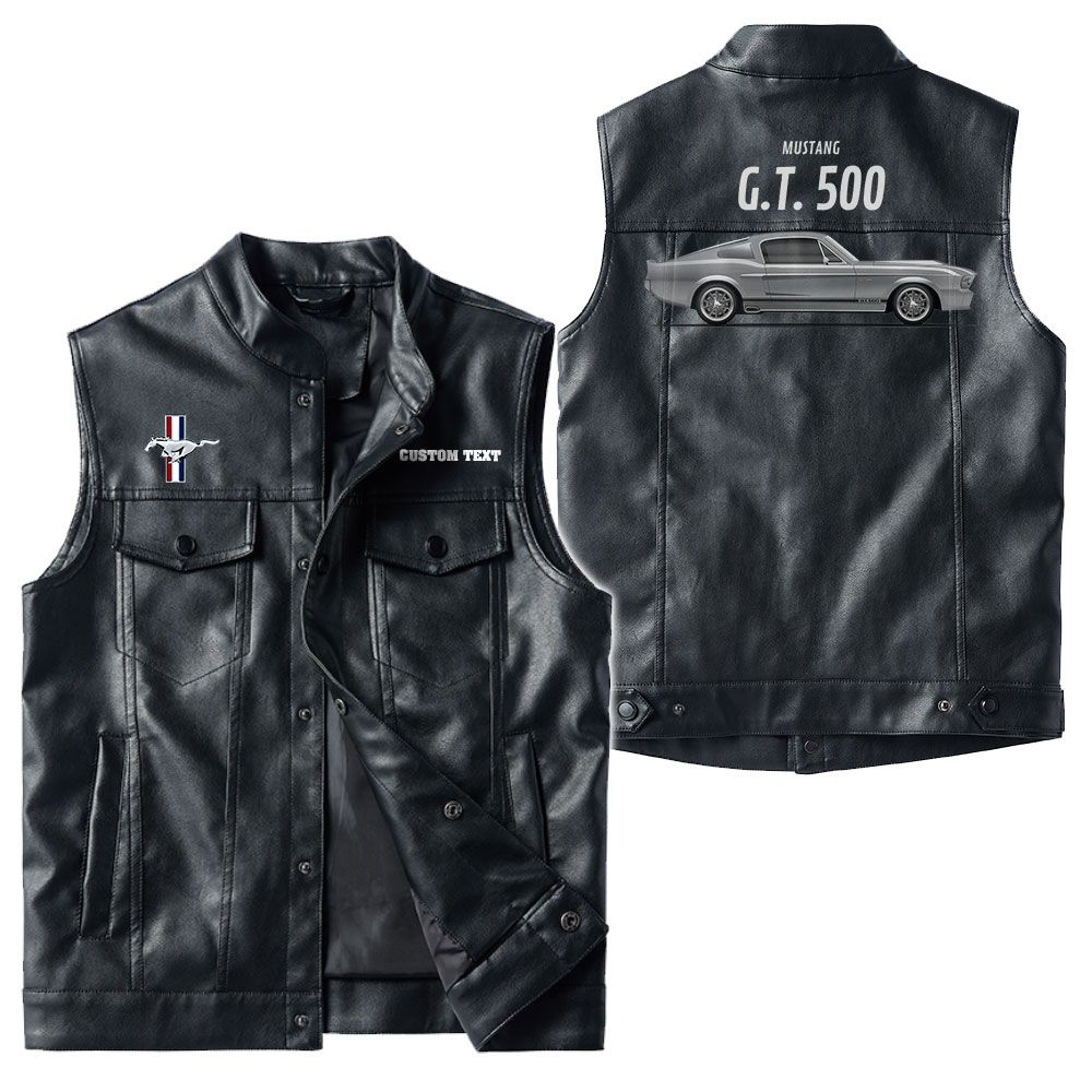 Custom Name Mustang Gt500 Leather Vest - Personalized Logo Car Motorcycle Model