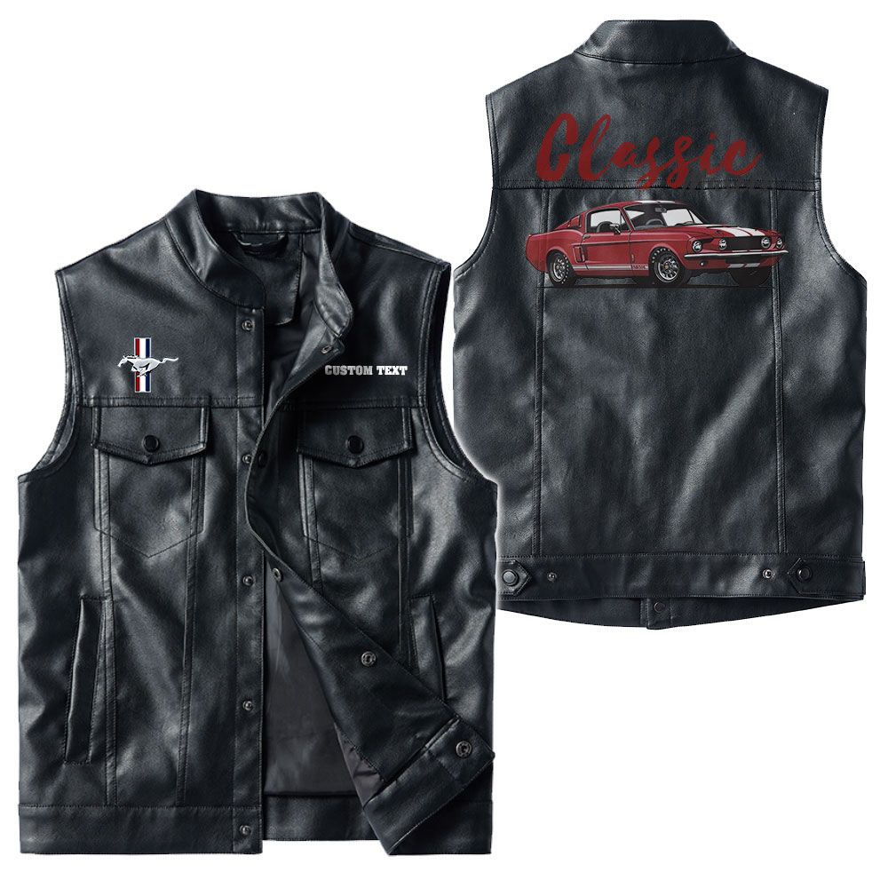 Custom Name Mustang Gt500 Leather Vest - Personalized Logo Car Motorcycle Model