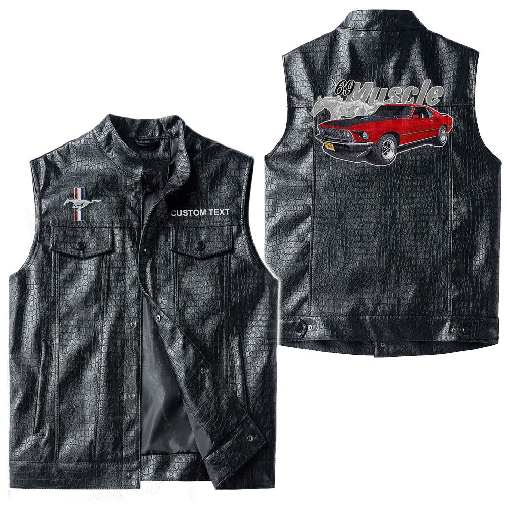 Custom Name Mustang Mach1 1969 Leather Vest - Personalized Logo Car Motorcycle Model - Image 3