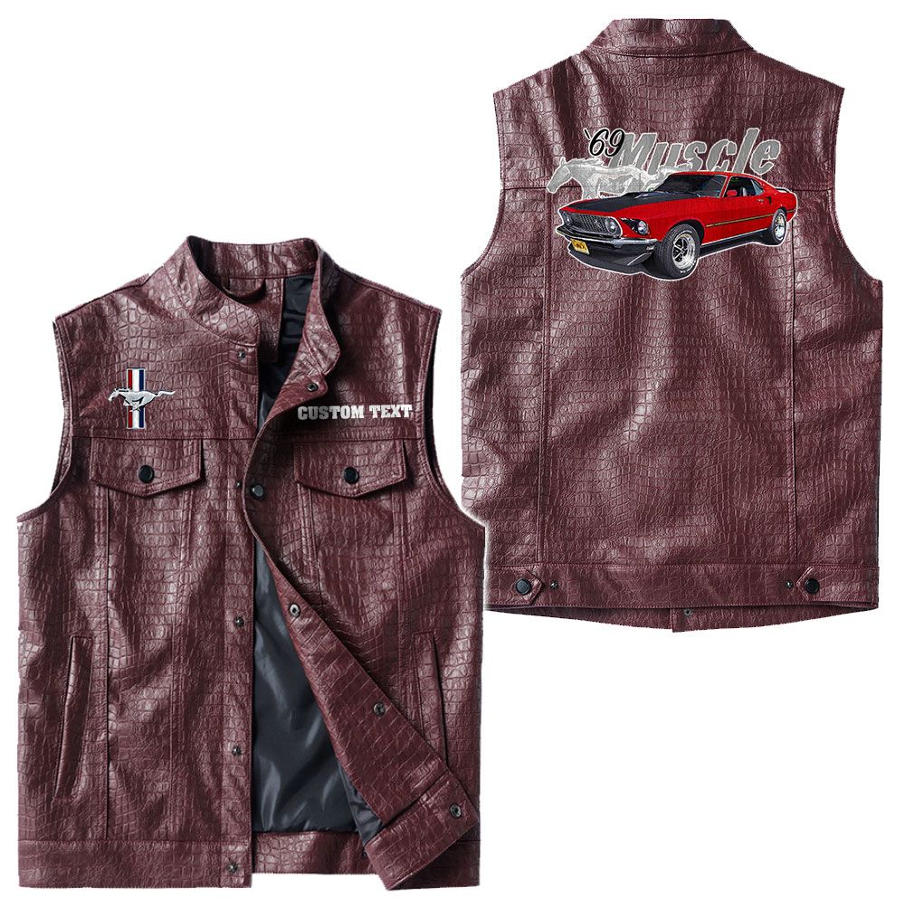Custom Name Mustang Mach1 1969 Leather Vest - Personalized Logo Car Motorcycle Model - Image 4