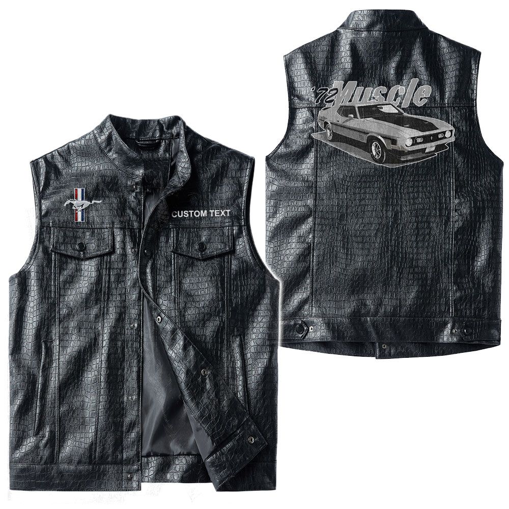 Custom Name Mustang Mach1 1972 Leather Vest - Personalized Logo Car Motorcycle Model - Image 3