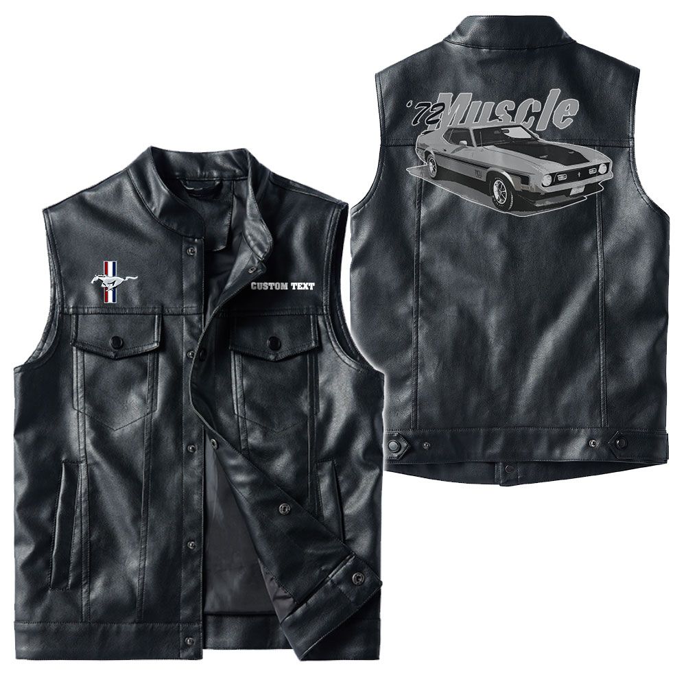 Custom Name Mustang Mach1 1972 Leather Vest - Personalized Logo Car Motorcycle Model