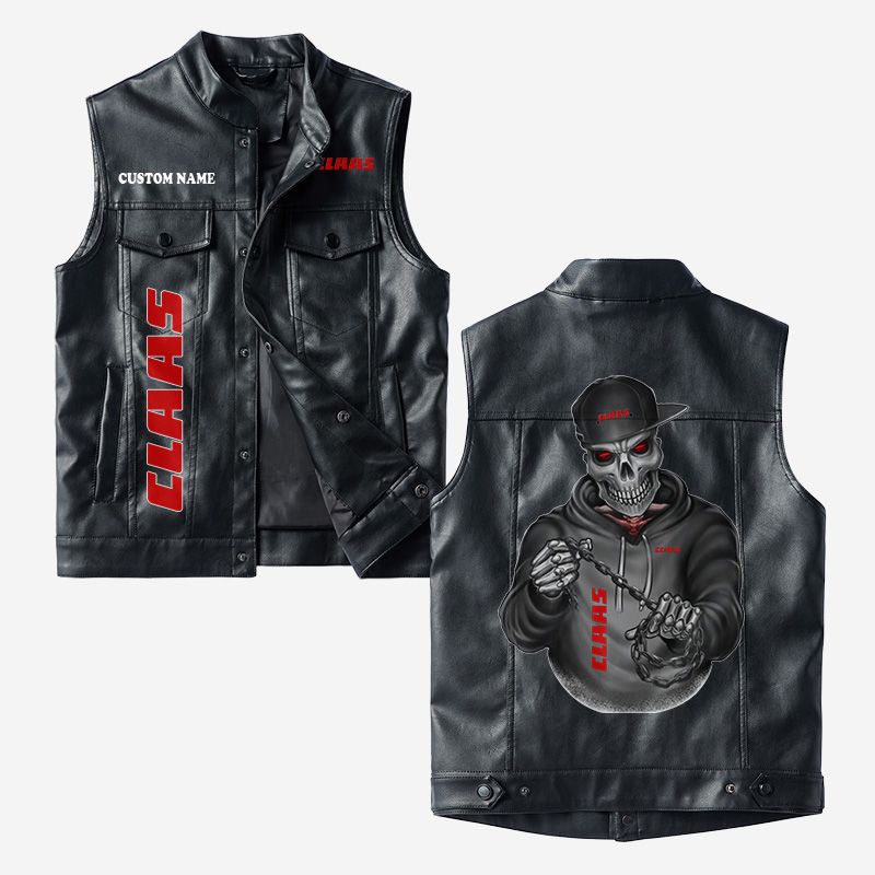 Custom Name Claas Leather Vest - Personalized Logo Car Motorcycle Model