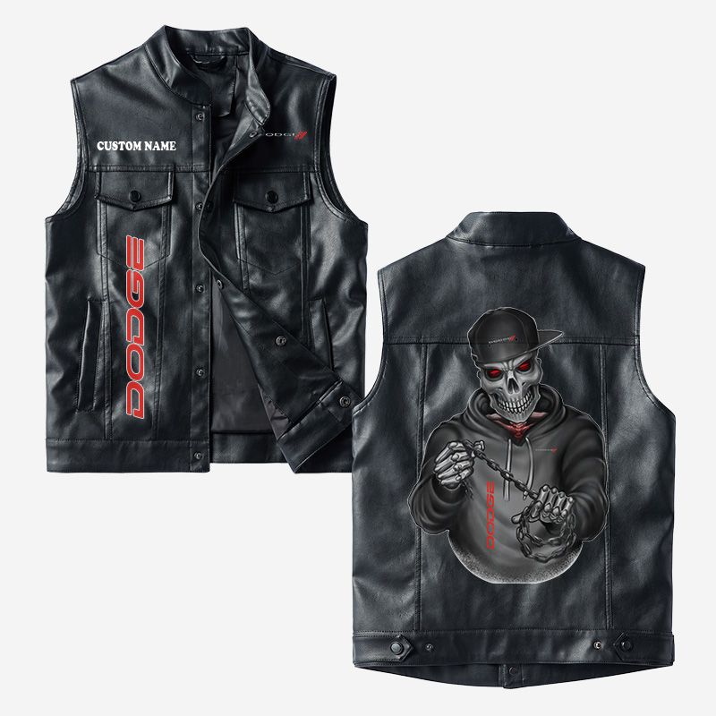 Custom Name Dodge Leather Vest - Personalized Logo Car Motorcycle Model