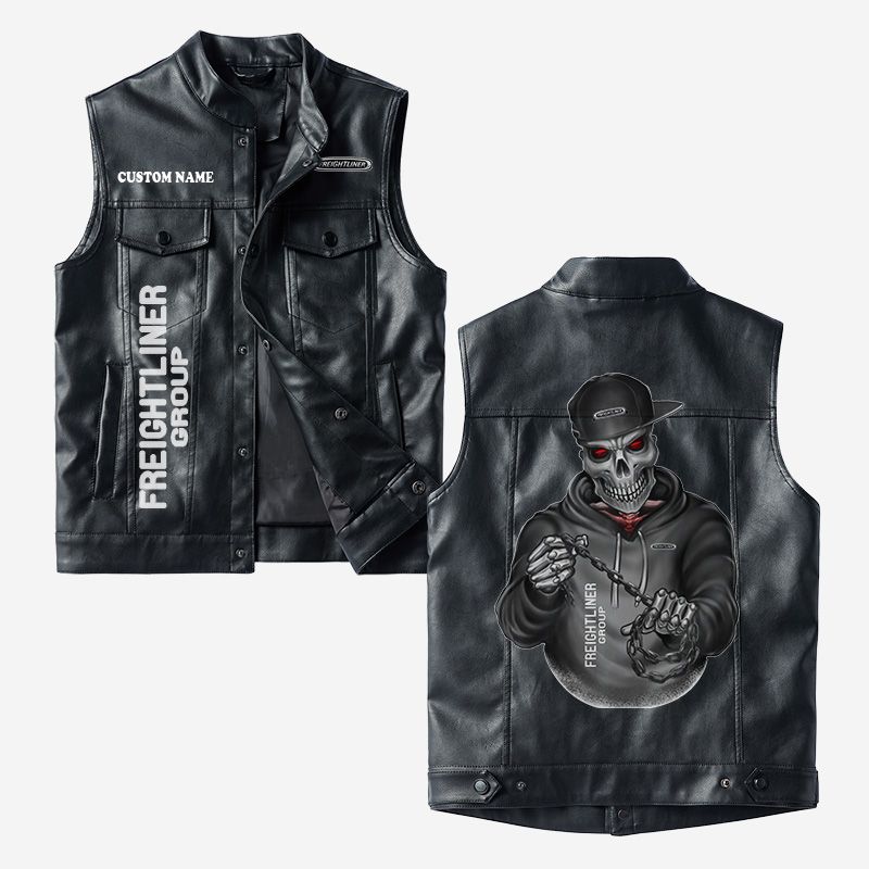 Custom Name Freightliner Group Leather Vest - Personalized Logo Car Motorcycle Model