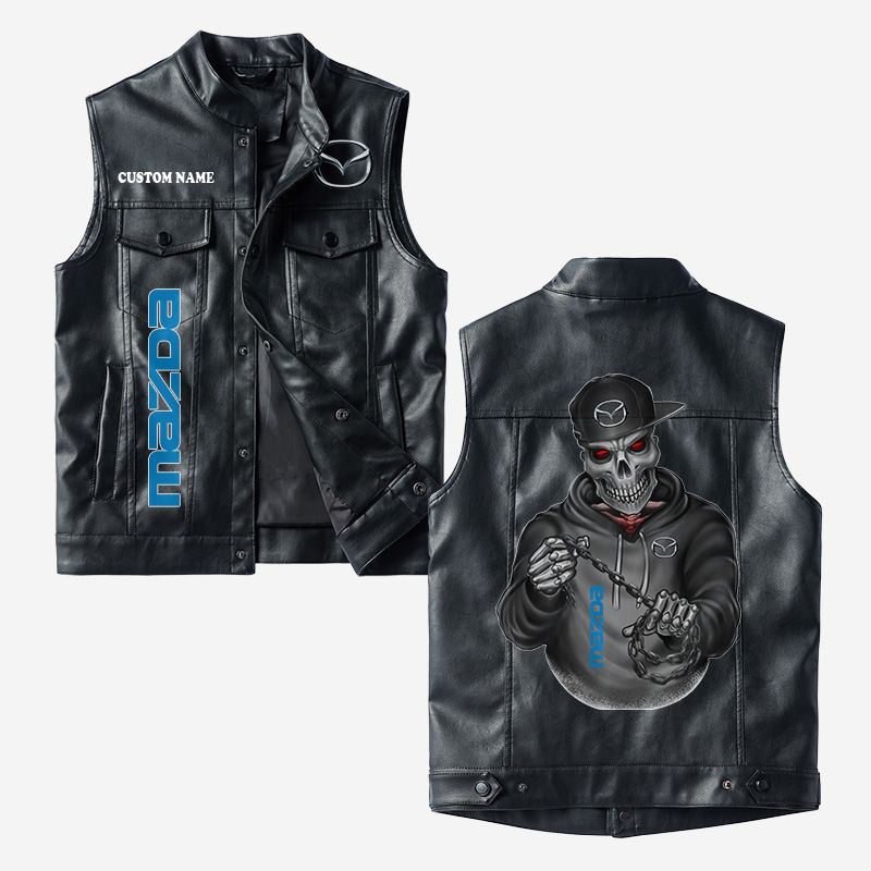 Custom Name Mazda Leather Vest - Personalized Logo Car Motorcycle Model