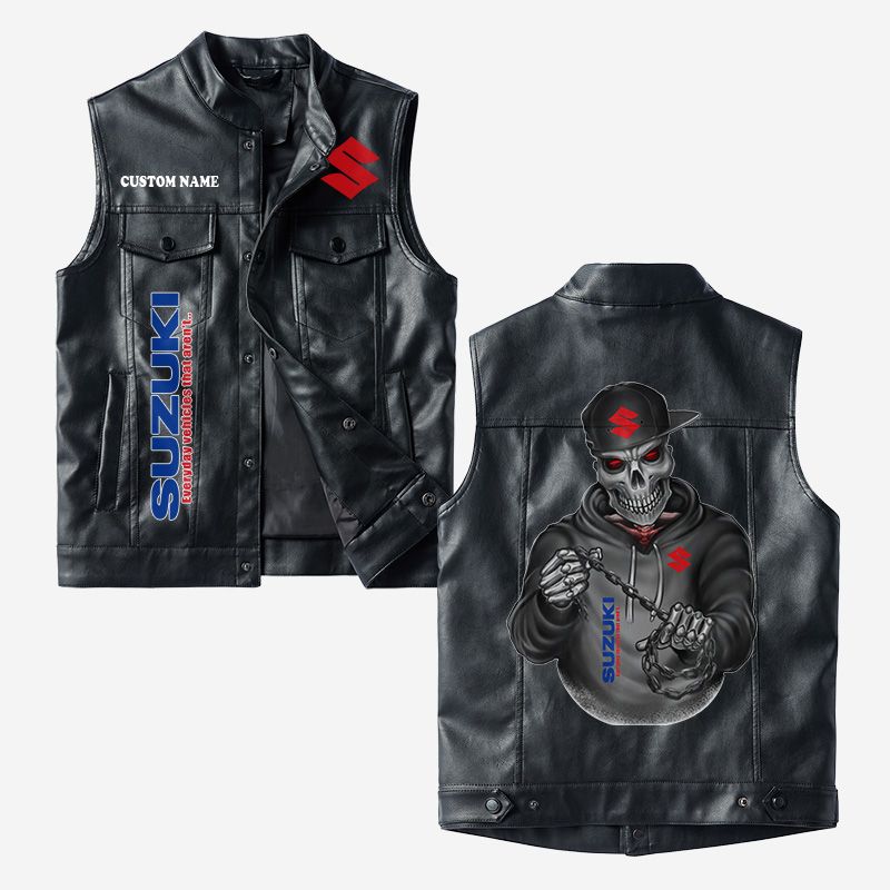 Custom Name Suzuki Leather Vest - Personalized Logo Car Motorcycle Model