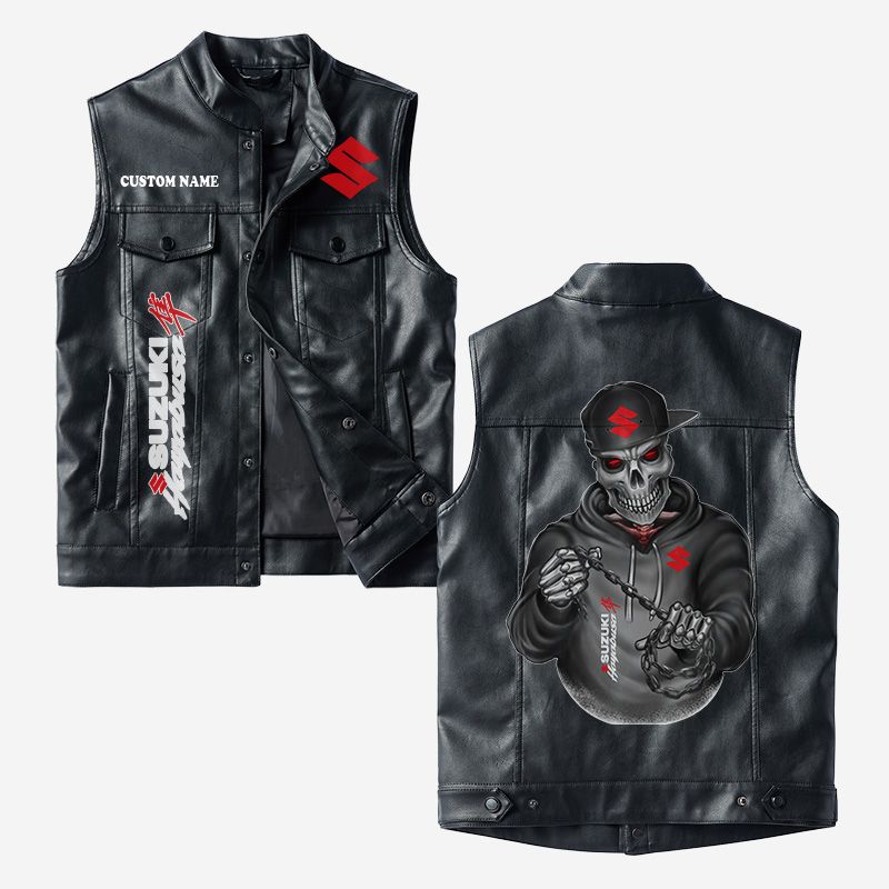 Custom Name Suzuki Hayabusa Leather Vest - Personalized Logo Car Motorcycle Model