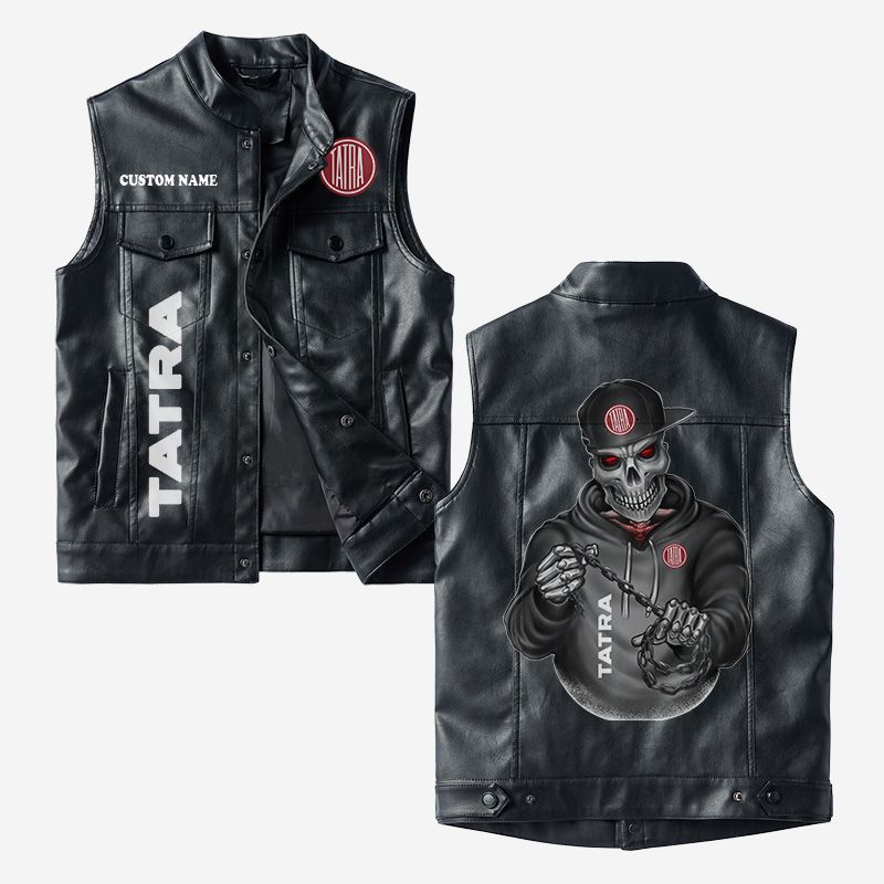 Custom Name Tatra Leather Vest - Personalized Logo Car Motorcycle Model