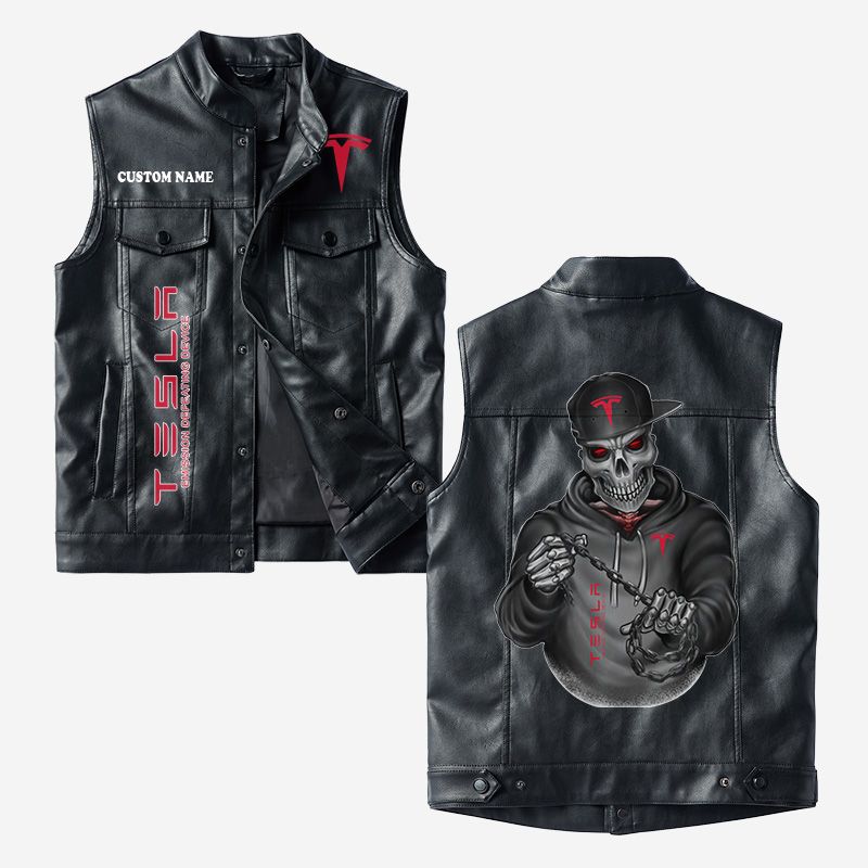 Custom Name Tesla Motors Leather Vest - Personalized Logo Car Motorcycle Model