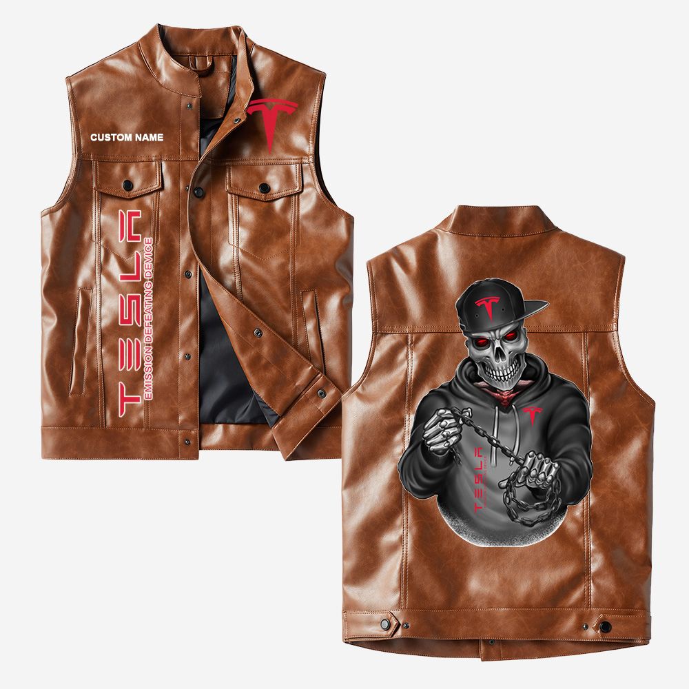 Custom Name Tesla Motors Leather Vest - Personalized Logo Car Motorcycle Model - Image 2