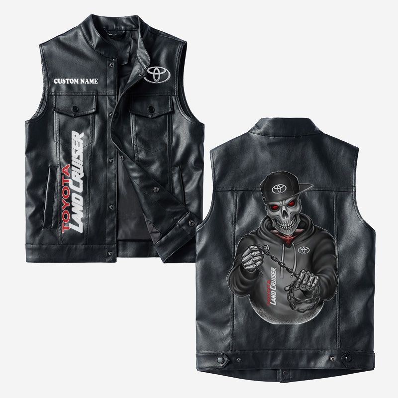 Custom Name Toyota Land Cruiser Leather Vest - Personalized Logo Car Motorcycle Model