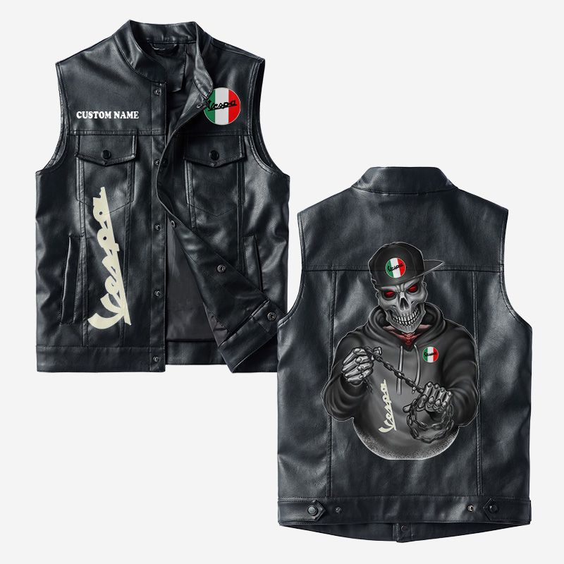Custom Name Vespa Leather Vest - Personalized Logo Car Motorcycle Model