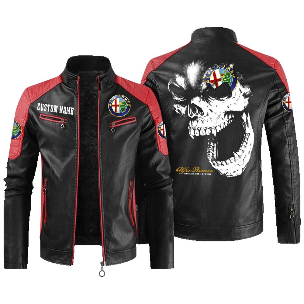 Custom Name Alfa Romeo Contrast Leather Jacket - Personalized Logo Car Motorcycle Model - Image 2