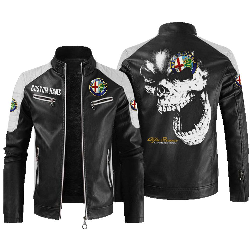 Custom Name Alfa Romeo Contrast Leather Jacket - Personalized Logo Car Motorcycle Model