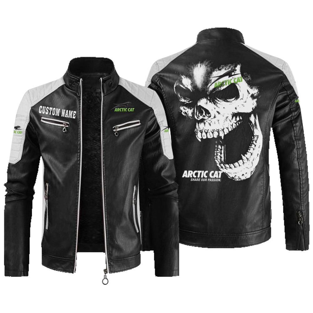 Custom Name Arctic Cat Contrast Leather Jacket - Personalized Logo Car Motorcycle Model