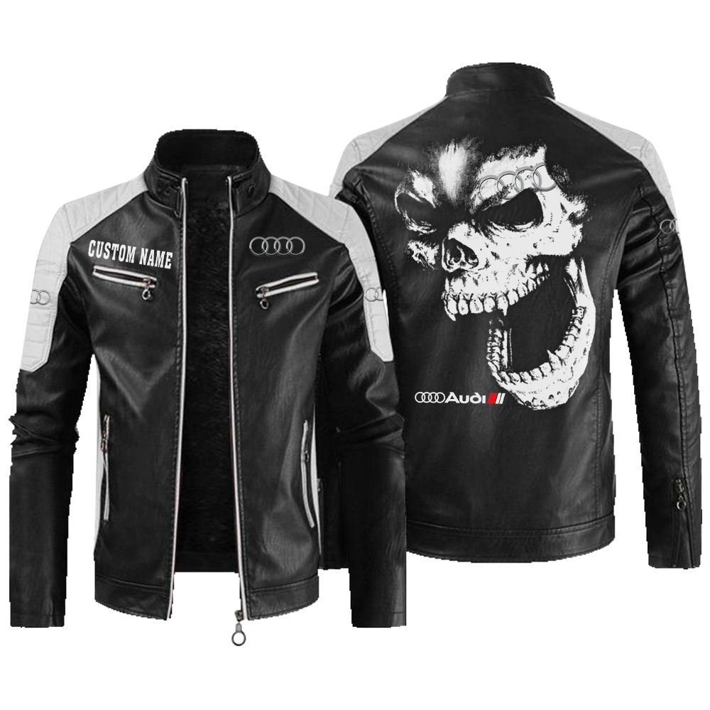 Custom Name Audi Sport Contrast Leather Jacket - Personalized Logo Car Motorcycle Model