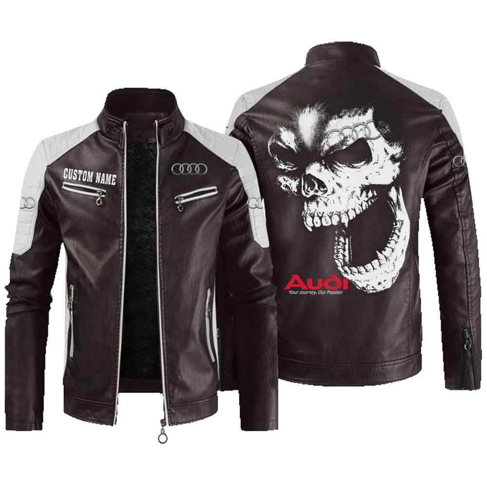 Custom Name Audi Contrast Leather Jacket - Personalized Logo Car Motorcycle Model - Image 3