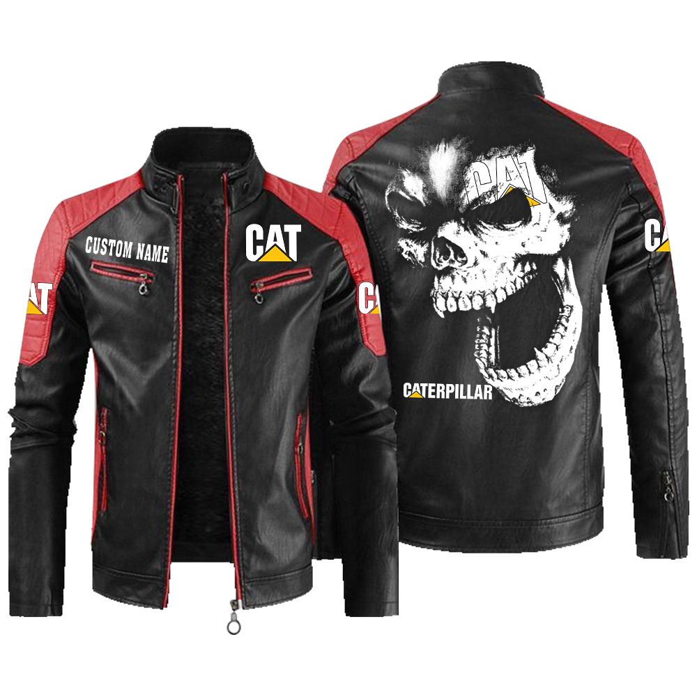 Custom Name Caterpillar Contrast Leather Jacket - Personalized Logo Car Motorcycle Model - Image 2
