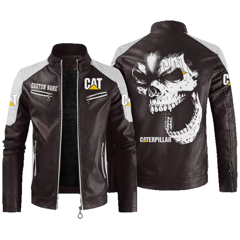 Custom Name Caterpillar Contrast Leather Jacket - Personalized Logo Car Motorcycle Model - Image 3