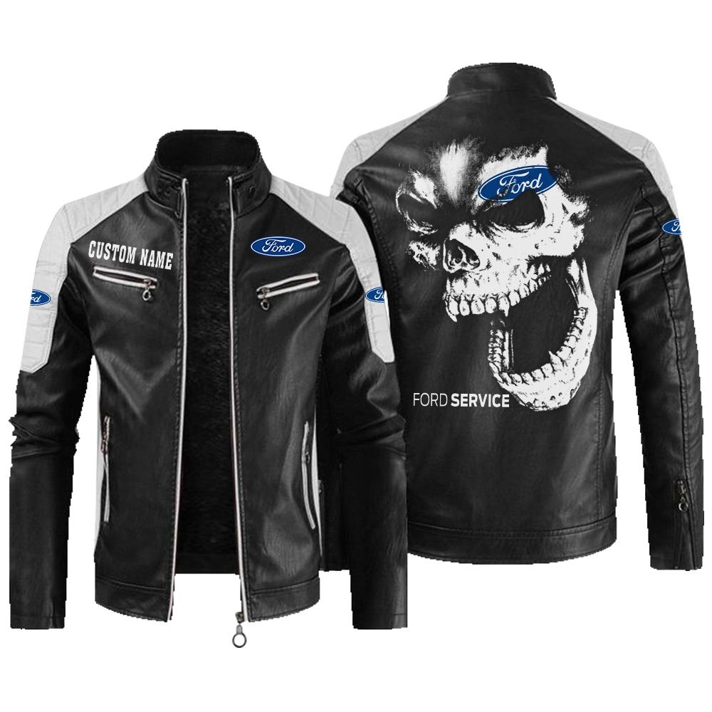 Custom Name Ford Contrast Leather Jacket - Personalized Logo Car Motorcycle Model