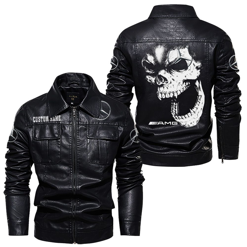 Custom Name Amg Skull Leather Jacket - Personalized Logo Car Motorcycle Model - Image 7