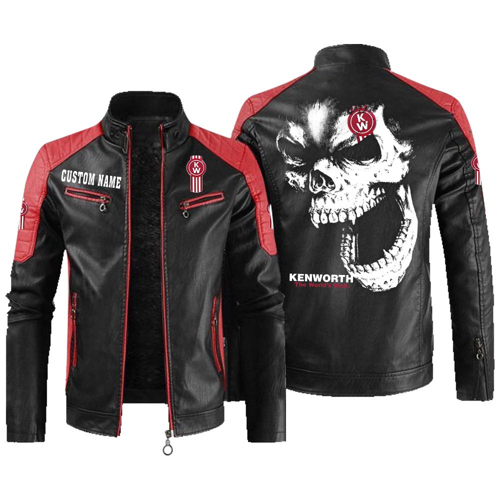 Custom Name Kenworth Contrast Leather Jacket - Personalized Logo Car Motorcycle Model - Image 2