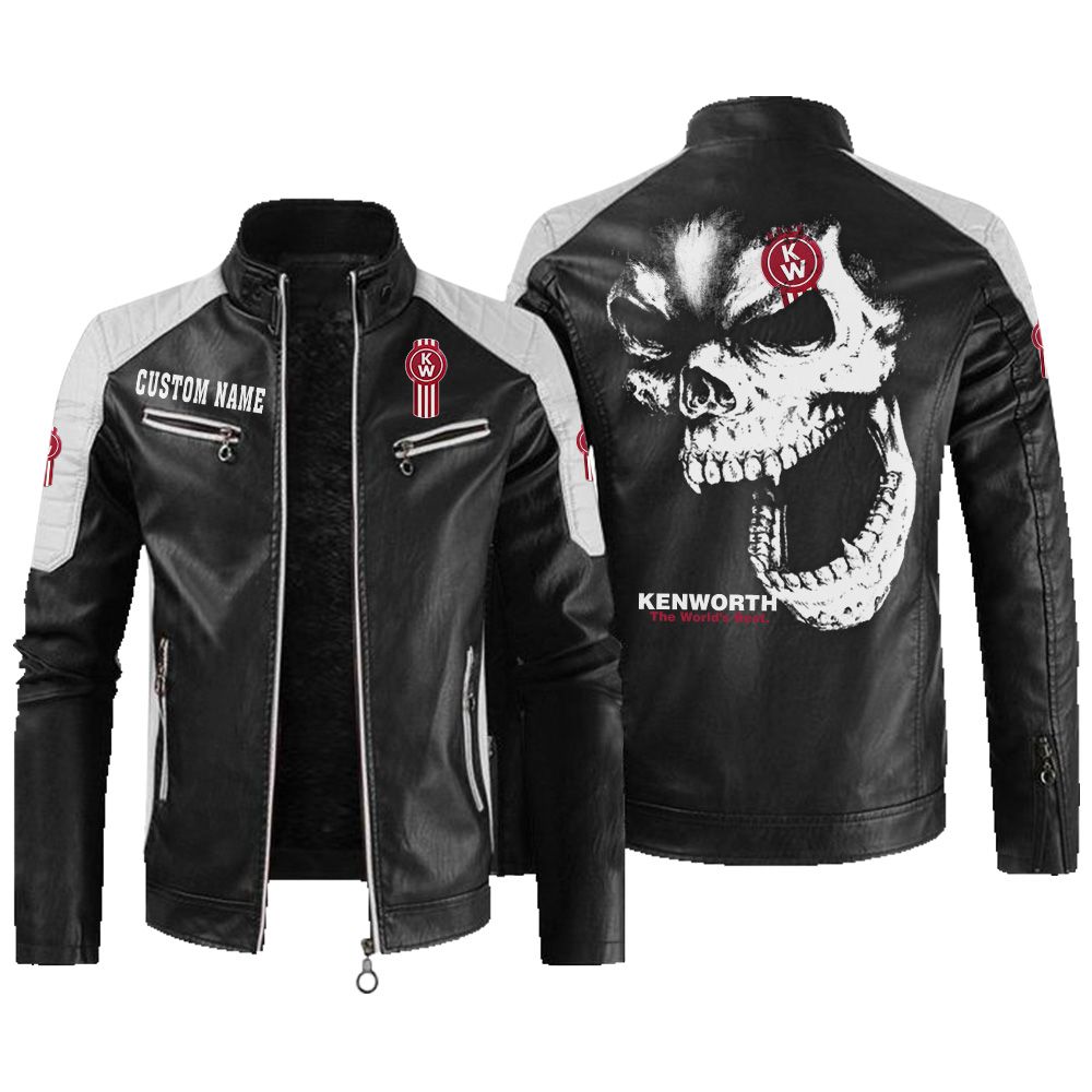 Custom Name Kenworth Contrast Leather Jacket - Personalized Logo Car Motorcycle Model