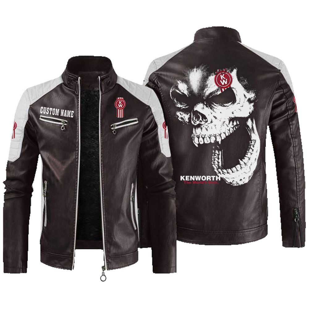 Custom Name Kenworth Contrast Leather Jacket - Personalized Logo Car Motorcycle Model - Image 3