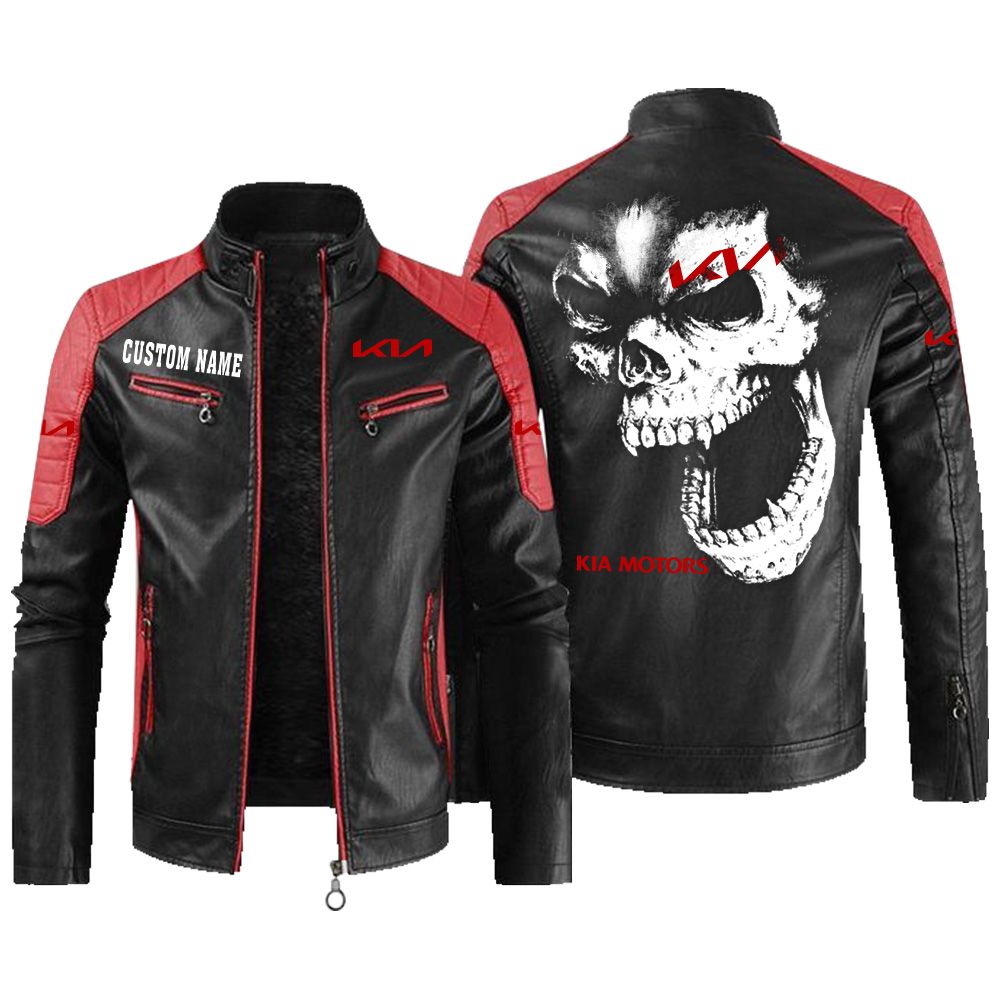Custom Name Kia Contrast Leather Jacket - Personalized Logo Car Motorcycle Model - Image 2