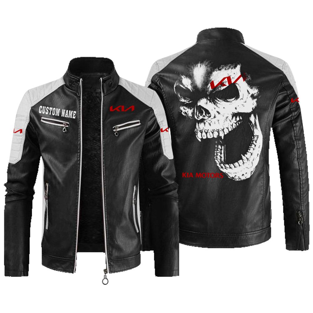 Custom Name Kia Contrast Leather Jacket - Personalized Logo Car Motorcycle Model