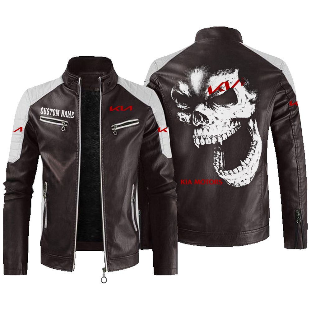 Custom Name Kia Contrast Leather Jacket - Personalized Logo Car Motorcycle Model - Image 3