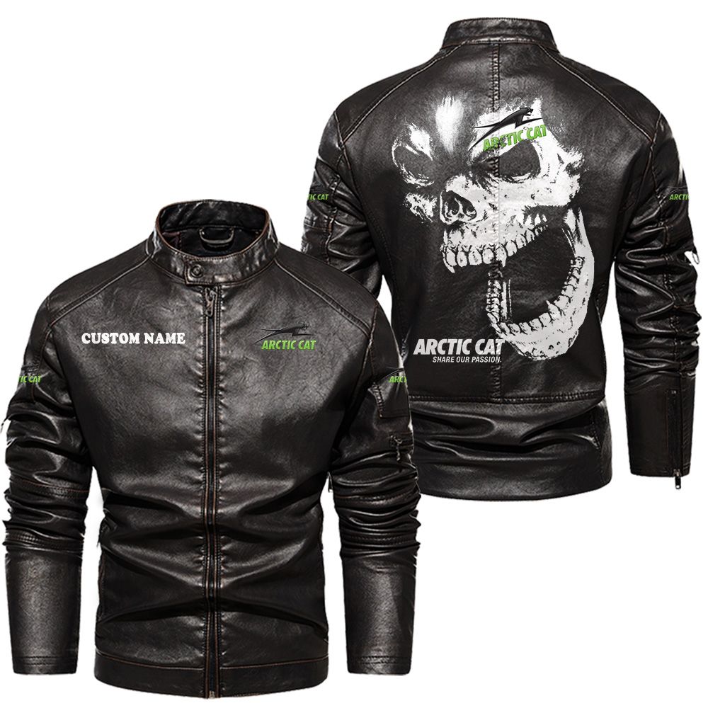 Custom Name Arctic Cat Skull Leather Jacket - Personalized Logo Car Motorcycle Model - Image 3