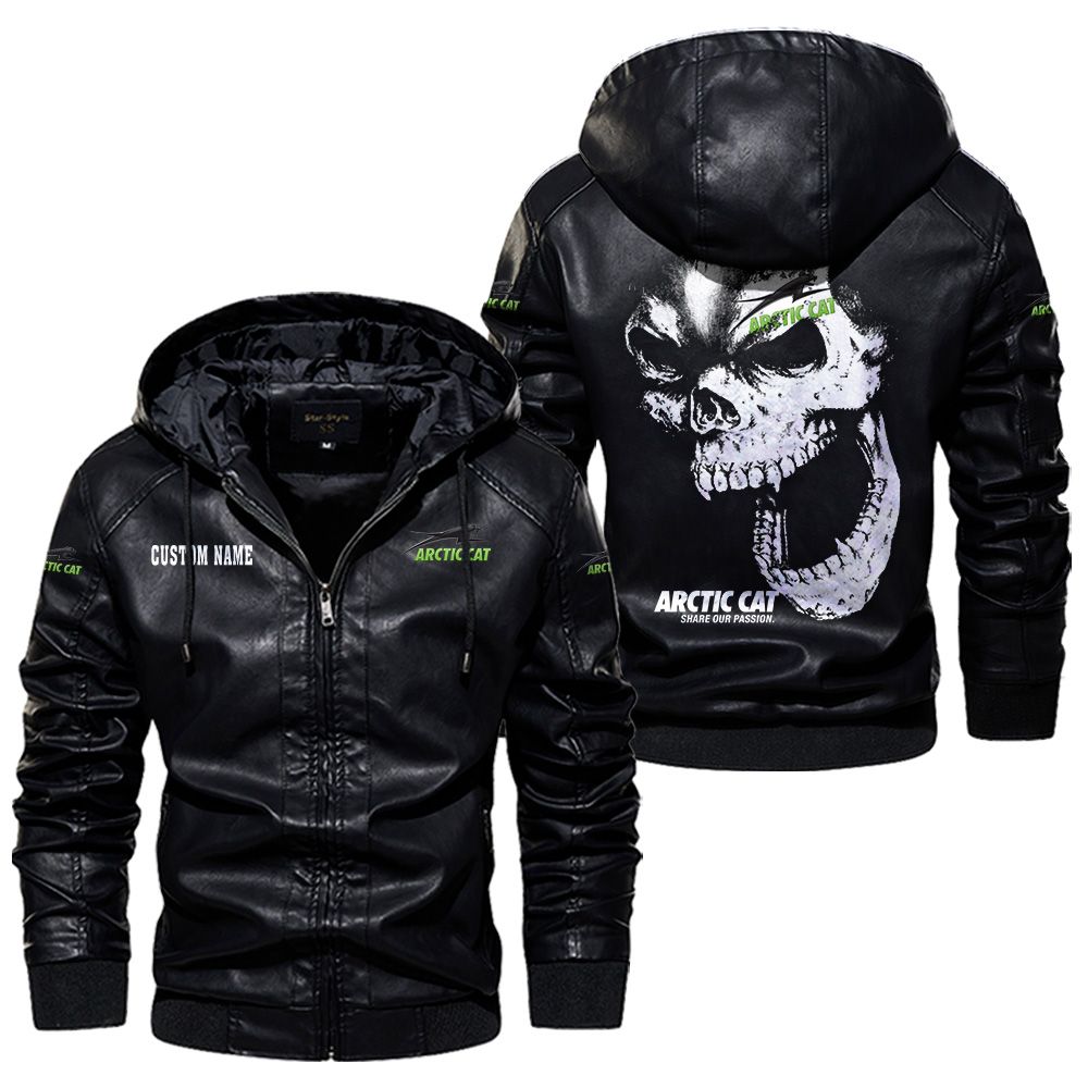 Custom Name Arctic Cat Skull Leather Jacket - Personalized Logo Car Motorcycle Model - Image 5