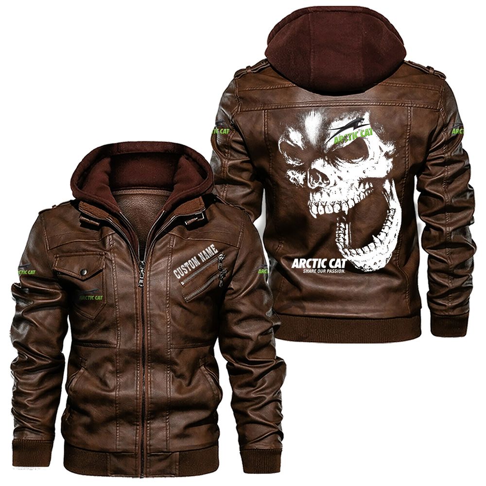 Custom Name Arctic Cat Skull Leather Jacket - Personalized Logo Car Motorcycle Model - Image 2