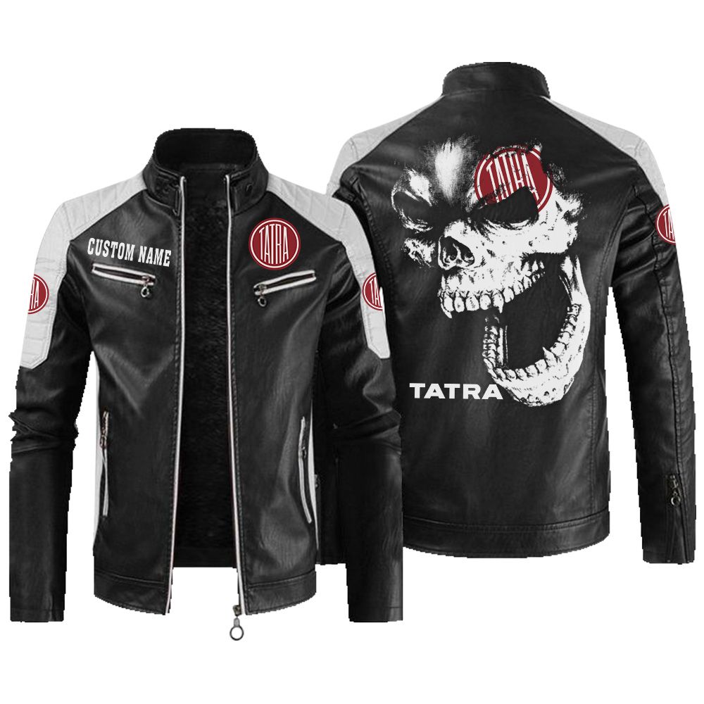 Custom Name Tatra Contrast Leather Jacket - Personalized Logo Car Motorcycle Model
