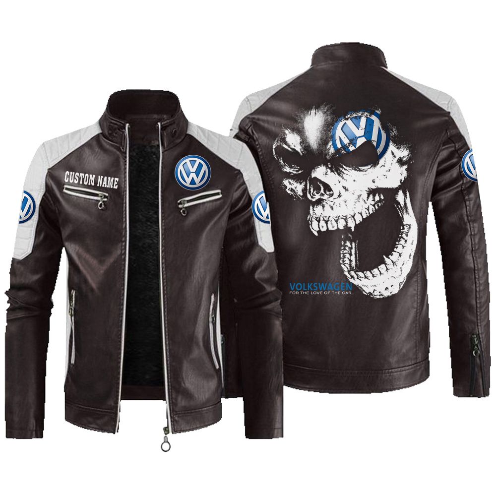 Custom Name Volkswagen Contrast Leather Jacket - Personalized Logo Car Motorcycle Model - Image 3