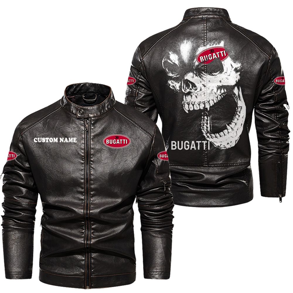 Custom Name Bugatti Skull Leather Jacket - Personalized Logo Car Motorcycle Model - Image 3