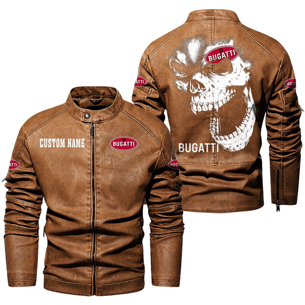 Custom Name Bugatti Skull Leather Jacket - Personalized Logo Car Motorcycle Model - Image 4