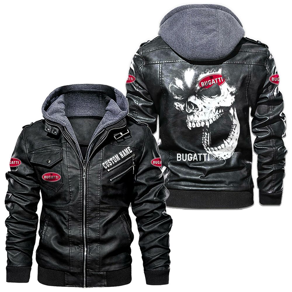 Custom Name Bugatti Skull Leather Jacket - Personalized Logo Car Motorcycle Model