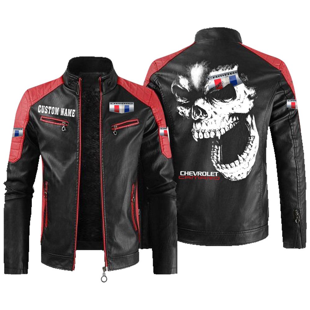 Custom Name Camaro Contrast Leather Jacket - Personalized Logo Car Motorcycle Model - Image 2