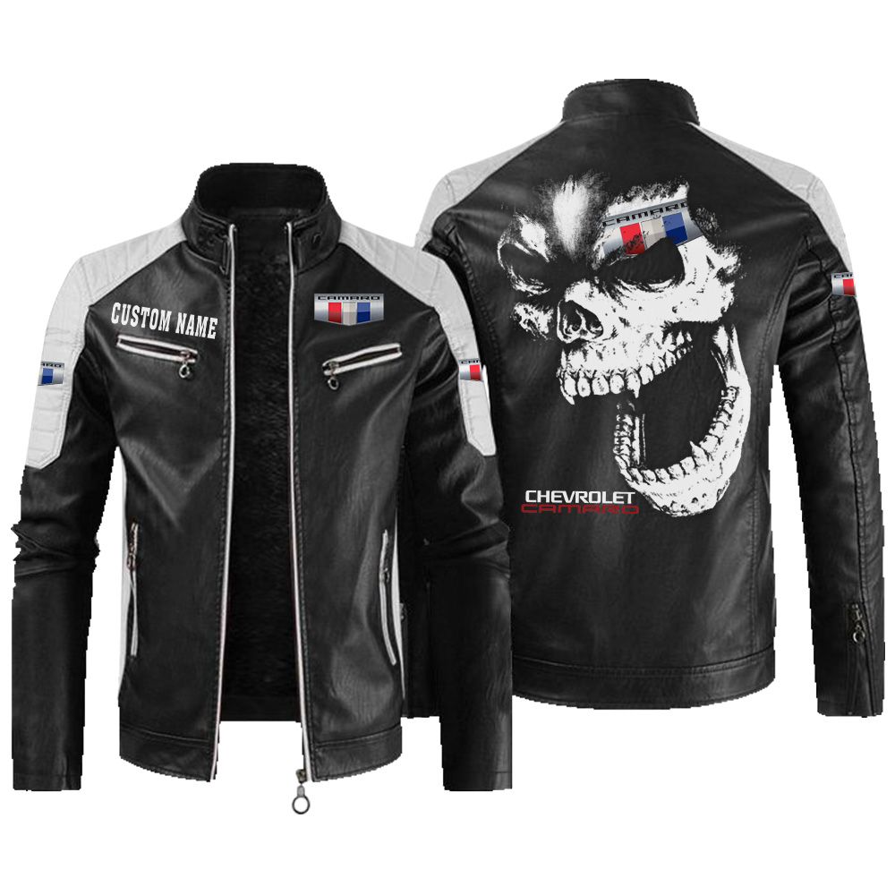 Custom Name Camaro Contrast Leather Jacket - Personalized Logo Car Motorcycle Model