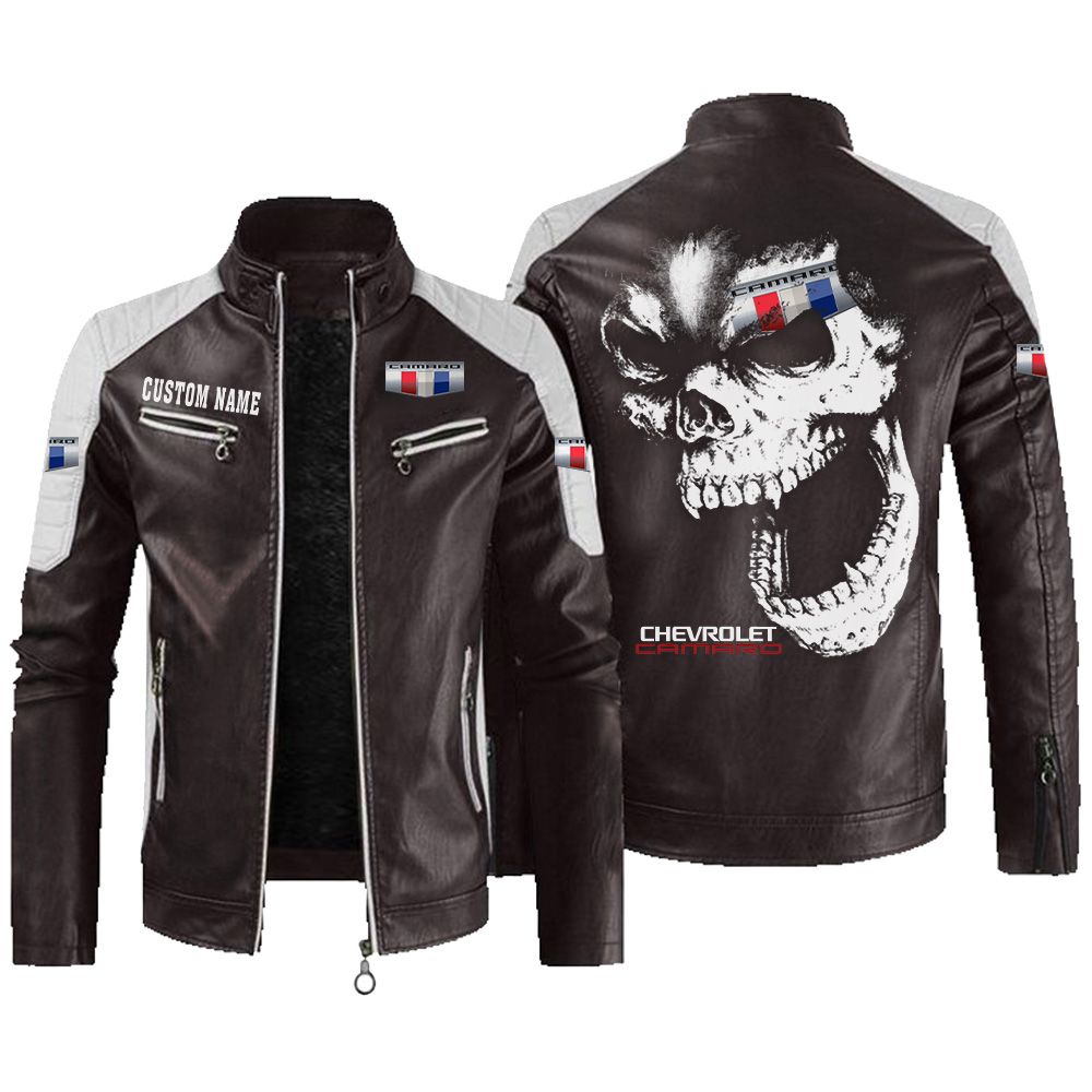 Custom Name Camaro Contrast Leather Jacket - Personalized Logo Car Motorcycle Model - Image 3