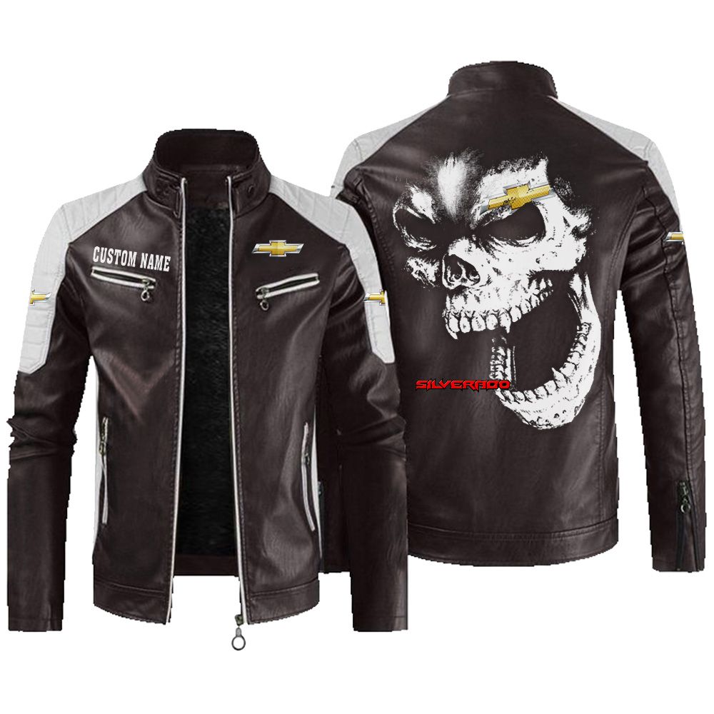 Custom Name Chevy Silverado Contrast Leather Jacket - Personalized Logo Car Motorcycle Model - Image 3