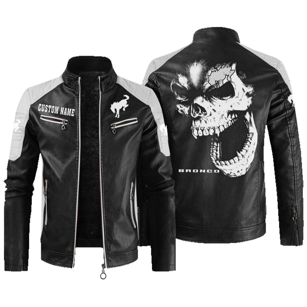 Custom Name Ford Bronco Contrast Leather Jacket - Personalized Logo Car Motorcycle Model